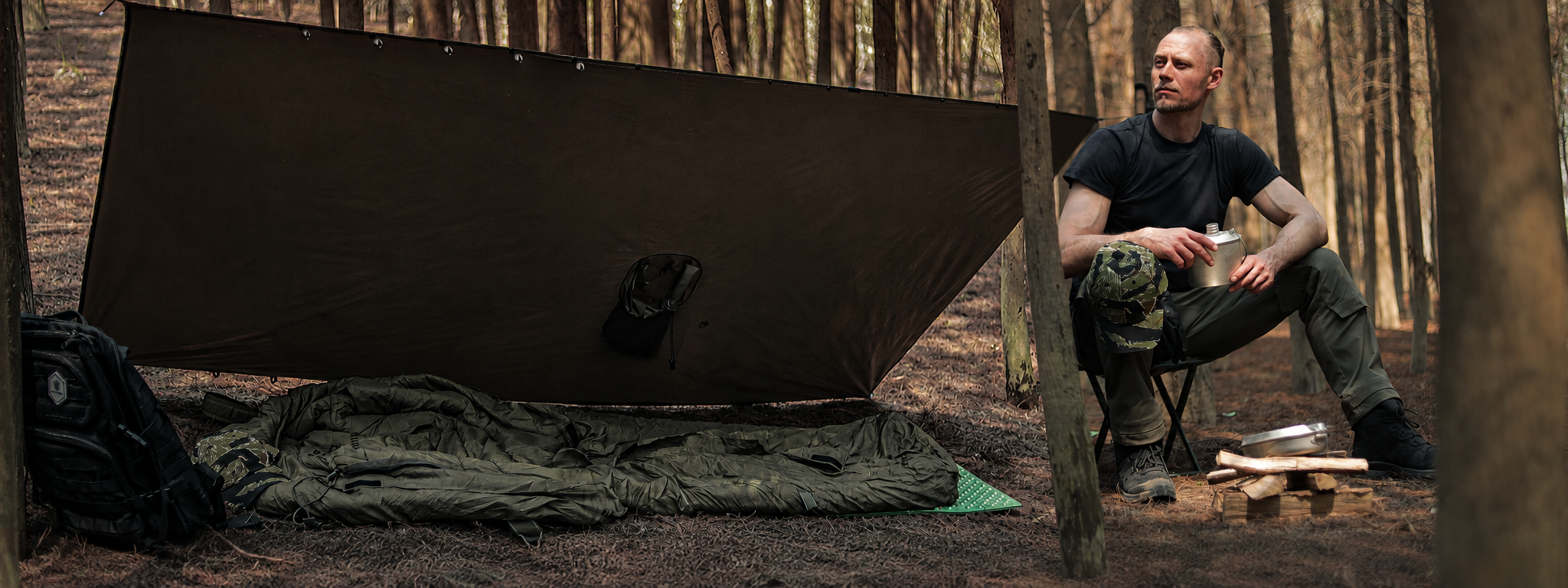 Outdoor equipment in a forest camp