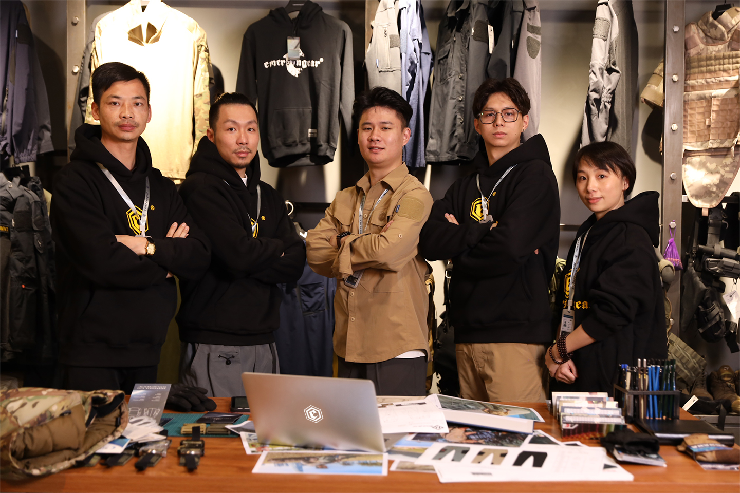 EmersonGear product development team reviewing tactical and outdoor equipment